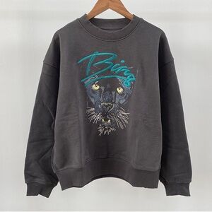 Anine Bing Charcoal Pullover with Teal Script and Yellow Eyes